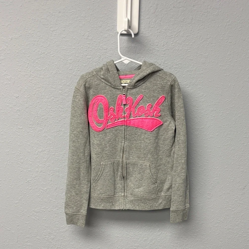 OshKosh B'gosh Girl’s Sz 10 Full Zip Gray Hoodie w/Pink Embroidery, GUC